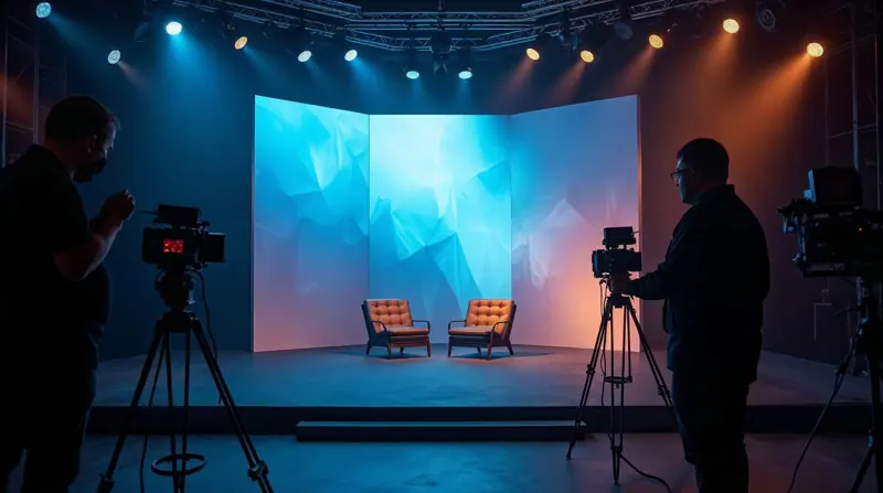 Set televisivo con due poltrone, telecamere e fondale luminoso