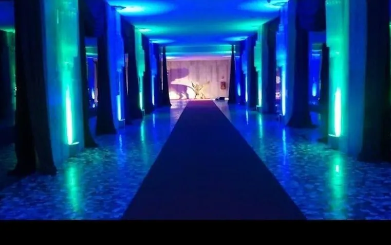 Corridoio d'ingresso con passatoia blu e luci verdi e blu
