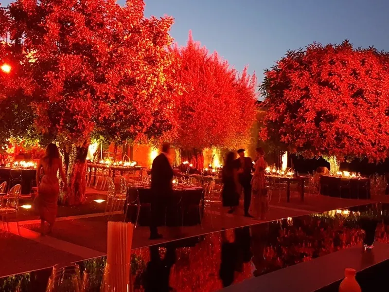 Giardino con alberi illuminati di rosso per una cena di gala